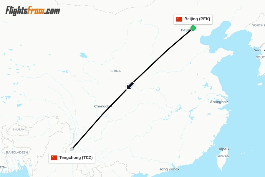 Flights from Beijing to Tengchong route map