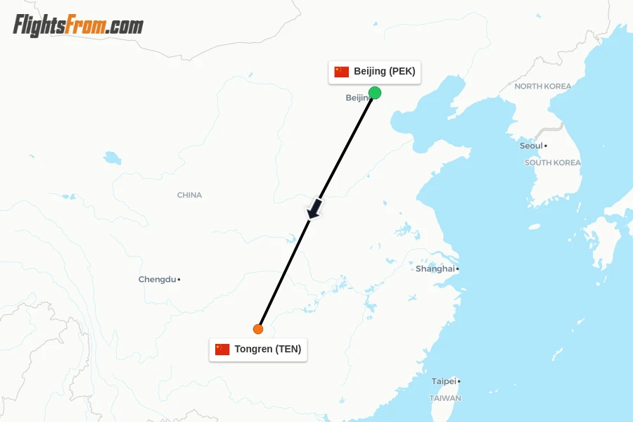 Flights from Beijing to Tongren route map