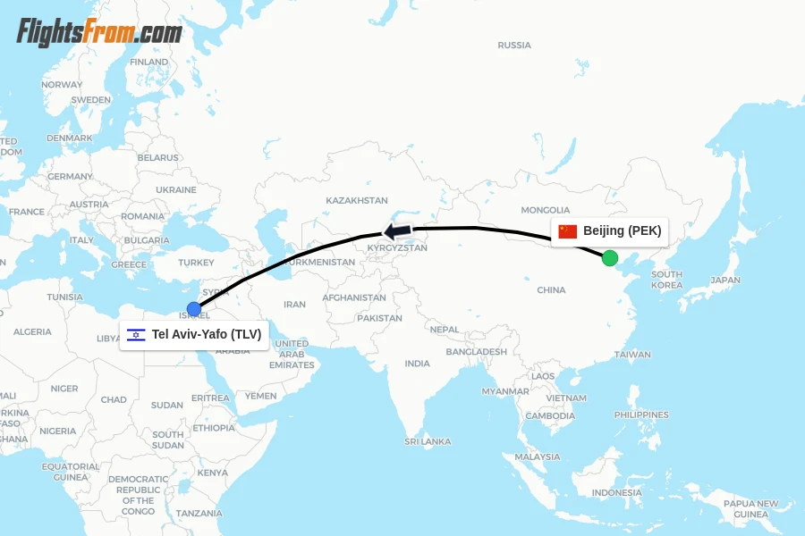 Flights from Beijing to Tel Aviv-Yafo route map