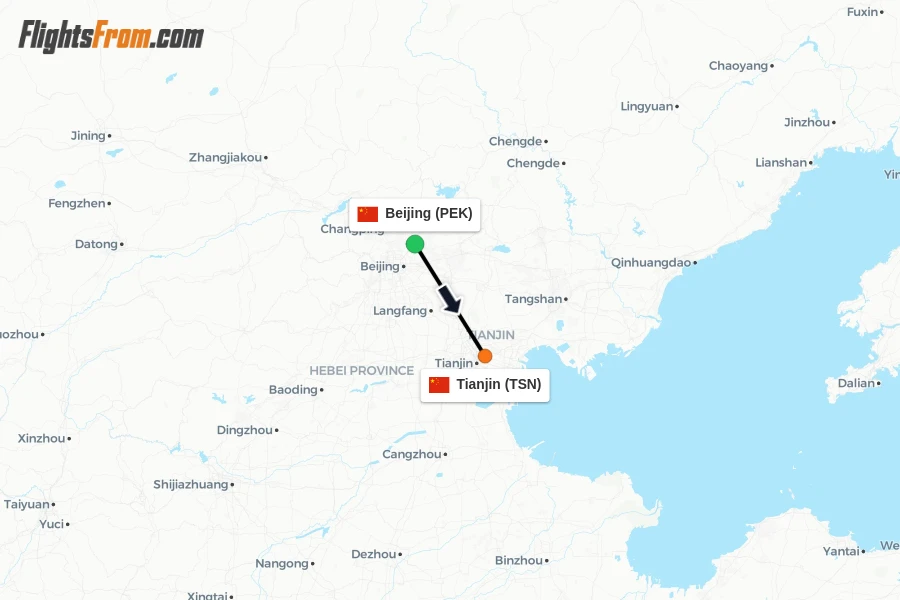 Flights from Beijing to Tianjin route map