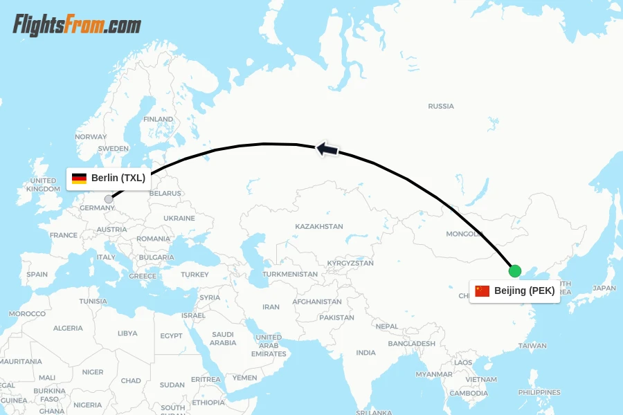 Flights from Beijing to Berlin route map