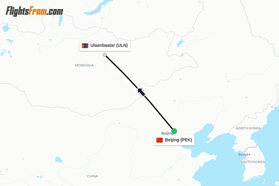 Flights from Beijing to Ulaanbaatar route map