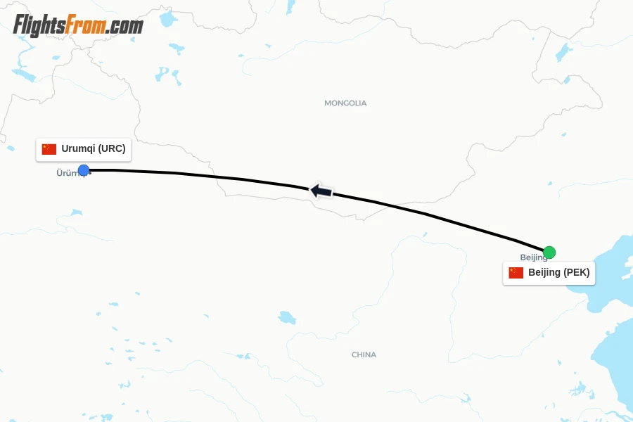 Flights from Beijing to Urumqi route map