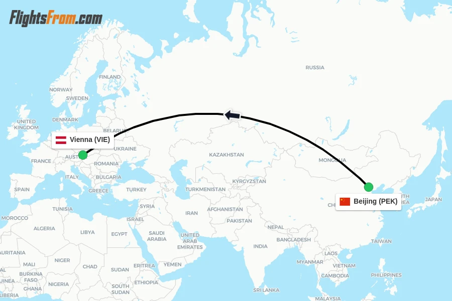 Flights from Beijing to Vienna route map