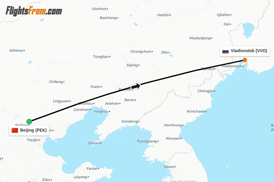 Flights from Beijing to Vladivostok route map
