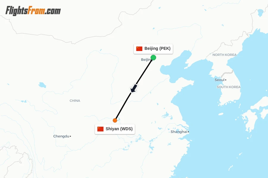 Flights from Beijing to Shiyan route map