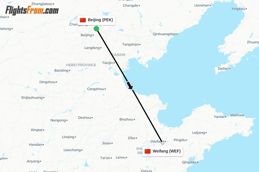 Flights from Beijing to Weifang route map