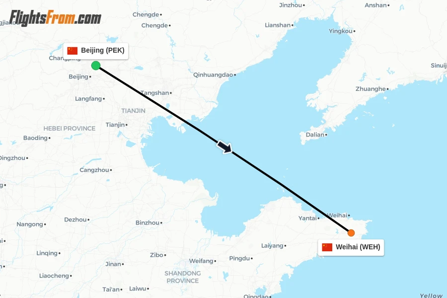 Flights from Beijing to Weihai route map