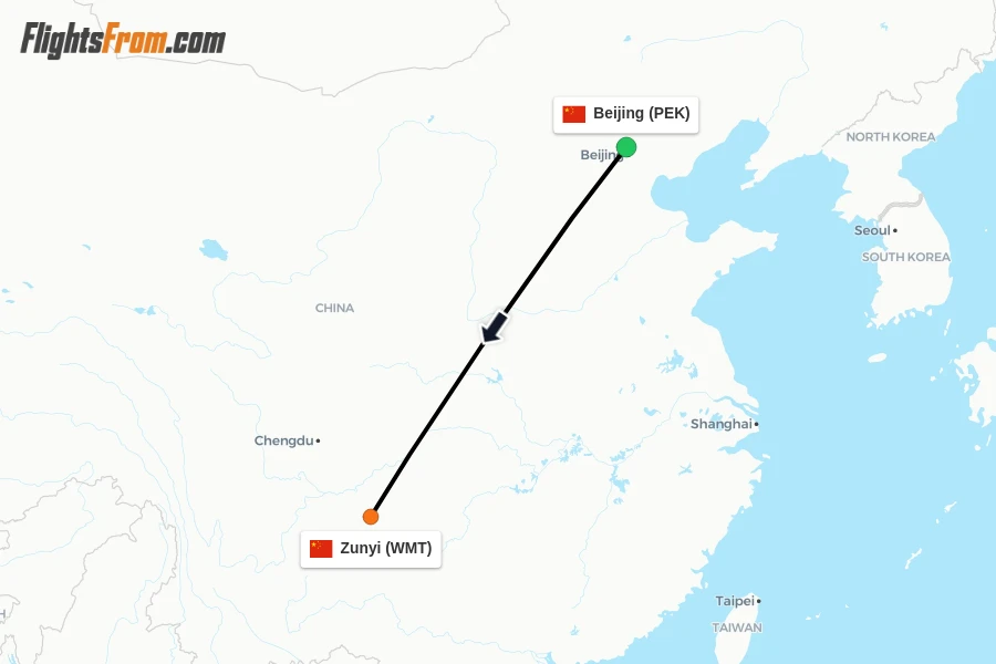 Flights from Beijing to Zunyi route map