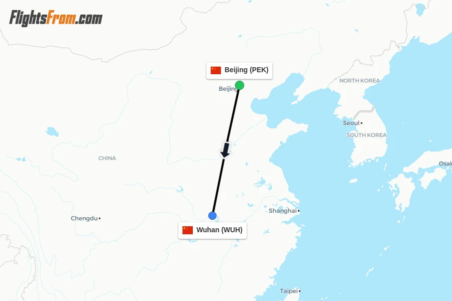 Flights from Beijing to Wuhan route map