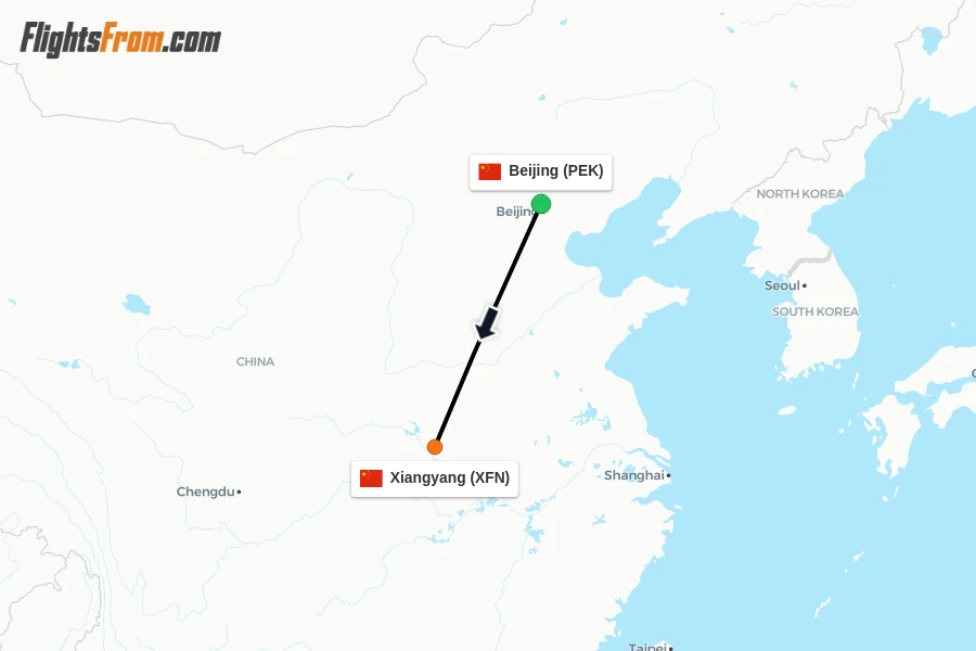 Flights from Beijing to Xiangyang route map