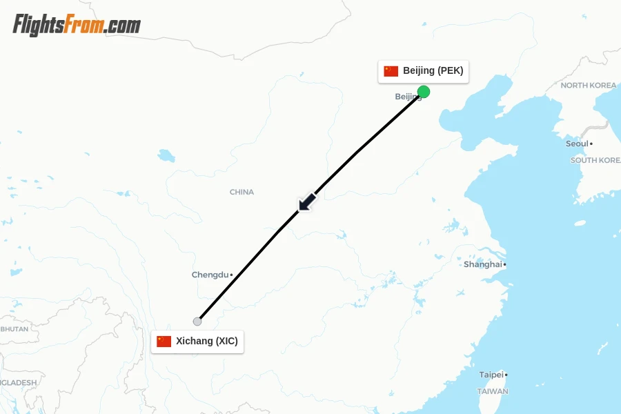 Flights from Beijing to Xichang route map