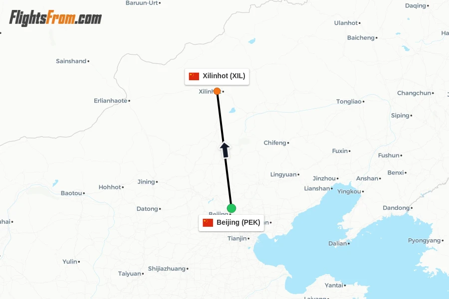 Flights from Beijing to Xilinhot route map