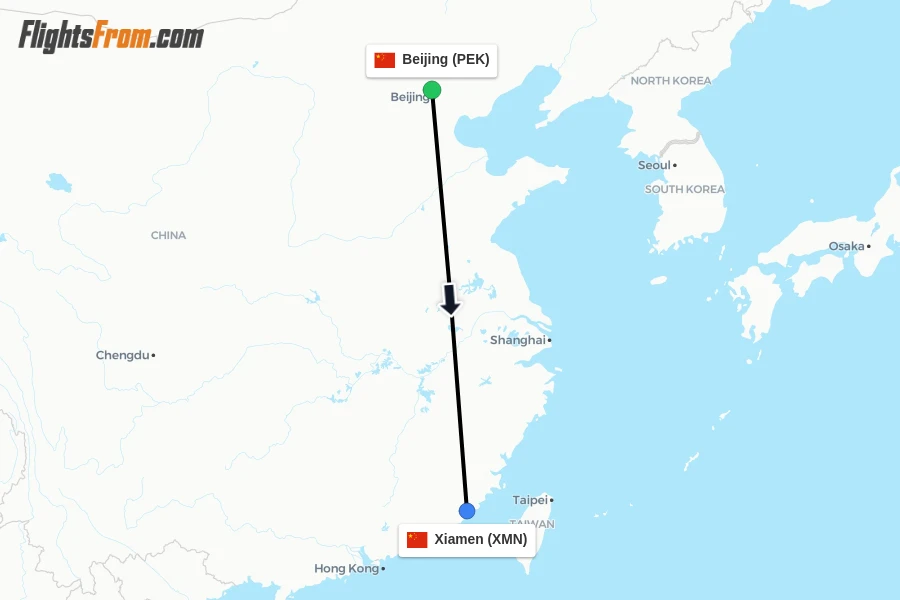Flights from Beijing to Xiamen route map