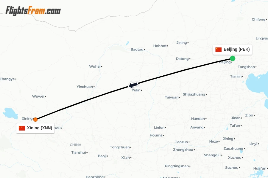 Flights from Beijing to Xining route map