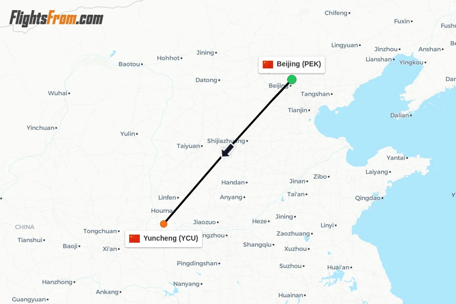 Flights from Beijing to Yuncheng route map