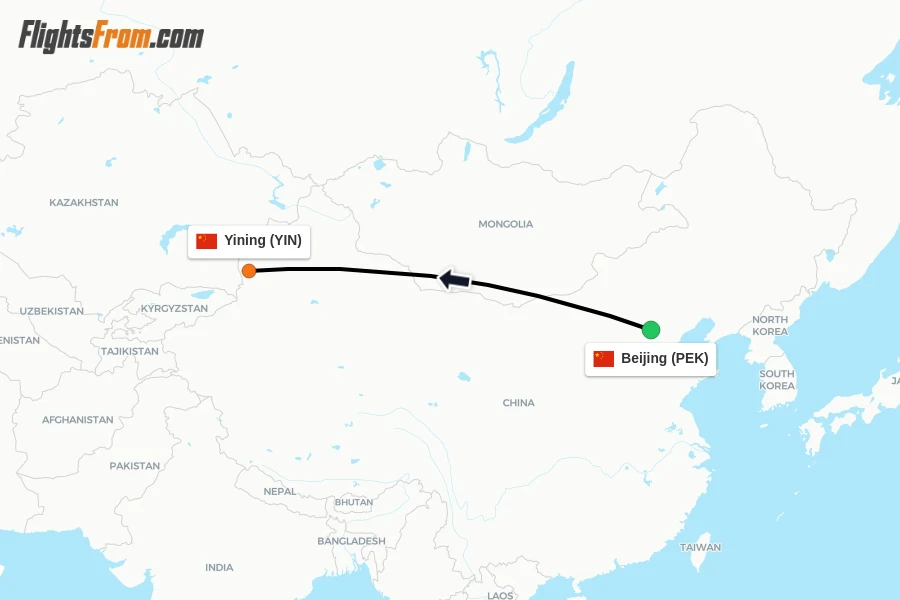 Flights from Beijing to Yining route map