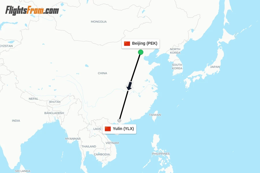 Flights from Beijing to Yulin route map