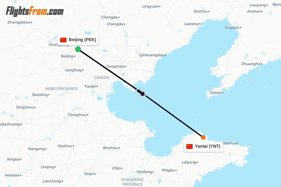 Flights from Beijing to Yantai route map