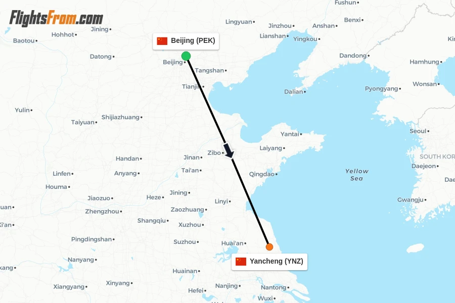 Flights from Beijing to Yancheng route map