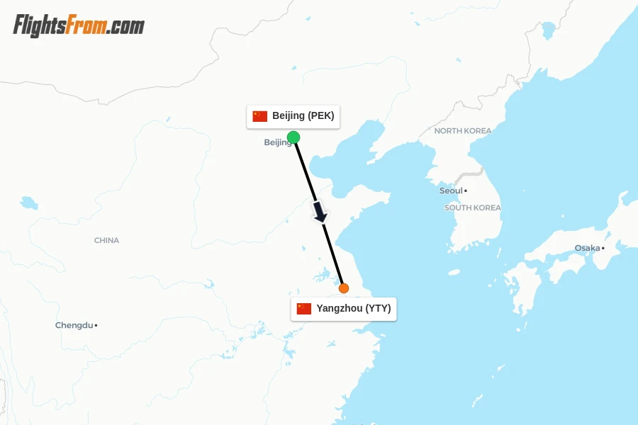 Flights from Beijing to Yangzhou route map