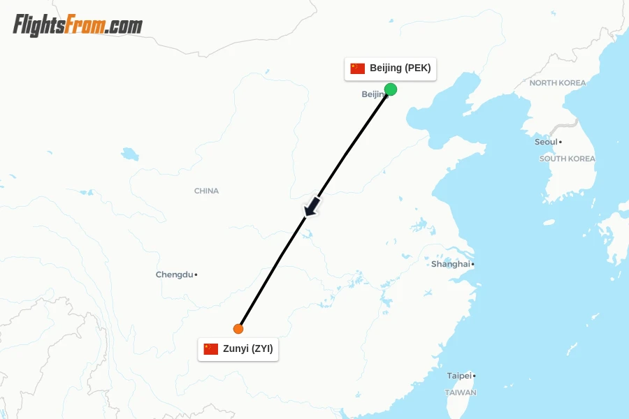Flights from Beijing to Zunyi route map