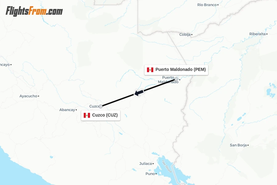 Flights from Puerto Maldonado to Cuzco route map
