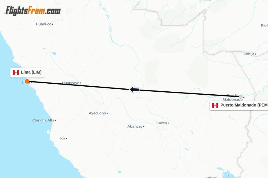 Flights from Puerto Maldonado to Lima route map