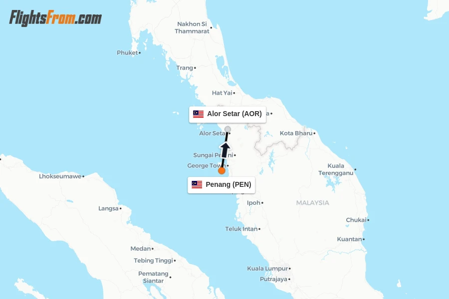 Flights from Penang to Alor Setar route map