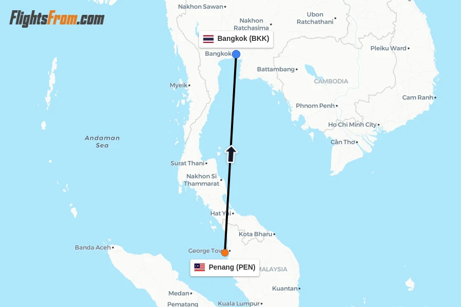 Flights from Penang to Bangkok route map