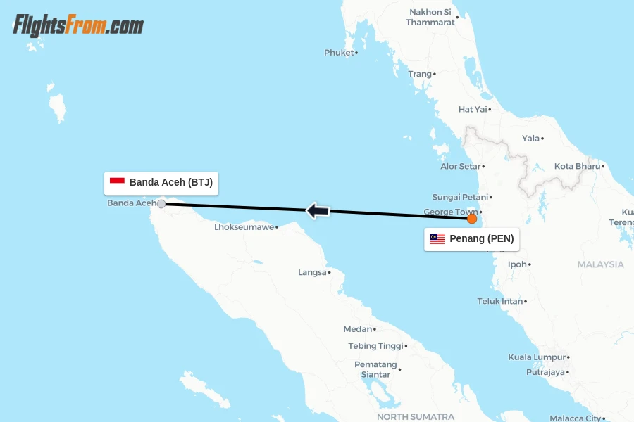 Flights from Penang to Banda Aceh route map