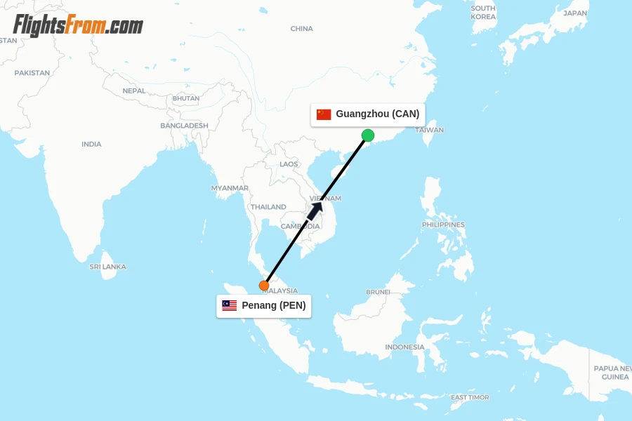 Flights from Penang to Guangzhou route map