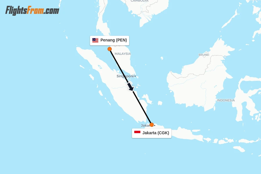 Flights from Penang to Jakarta route map