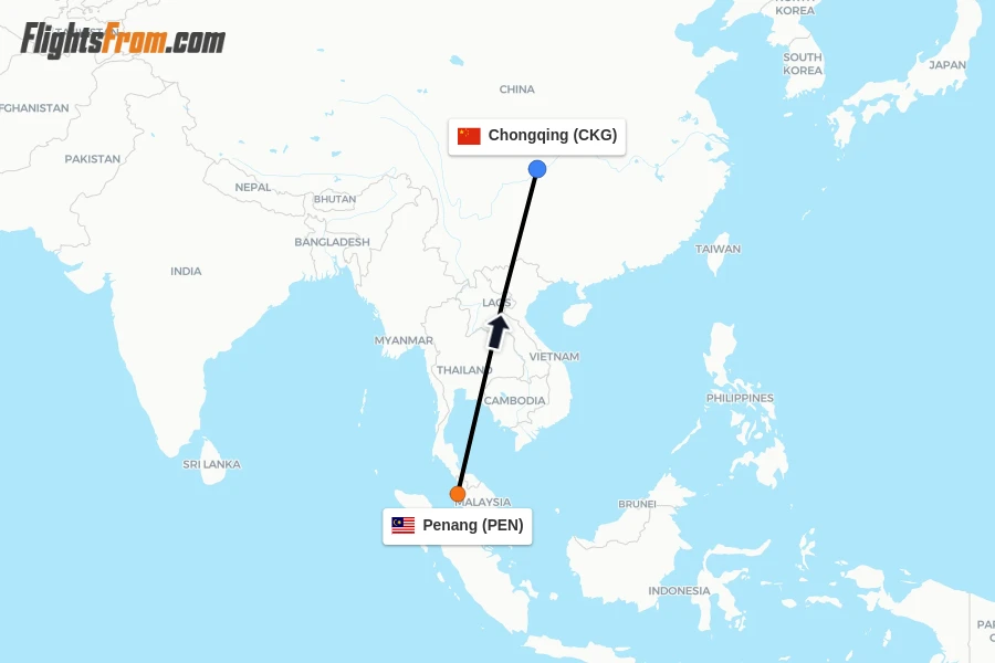 Flights from Penang to Chongqing route map