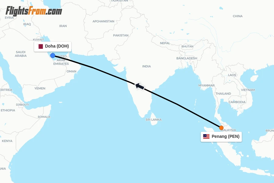Flights from Penang to Doha route map
