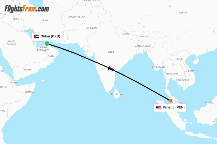 Flights from Penang to Dubai route map