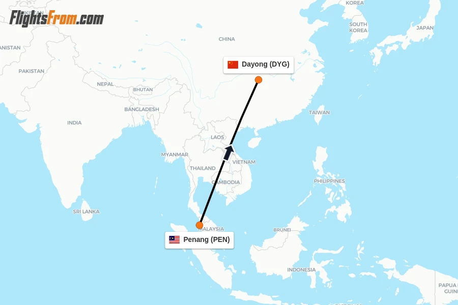 Flights from Penang to Dayong route map