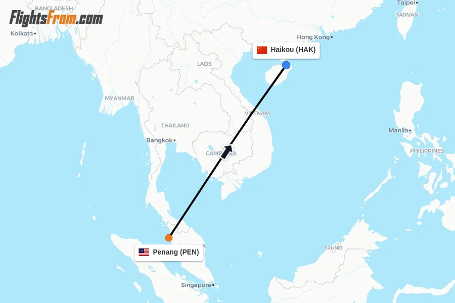 Flights from Penang to Haikou route map