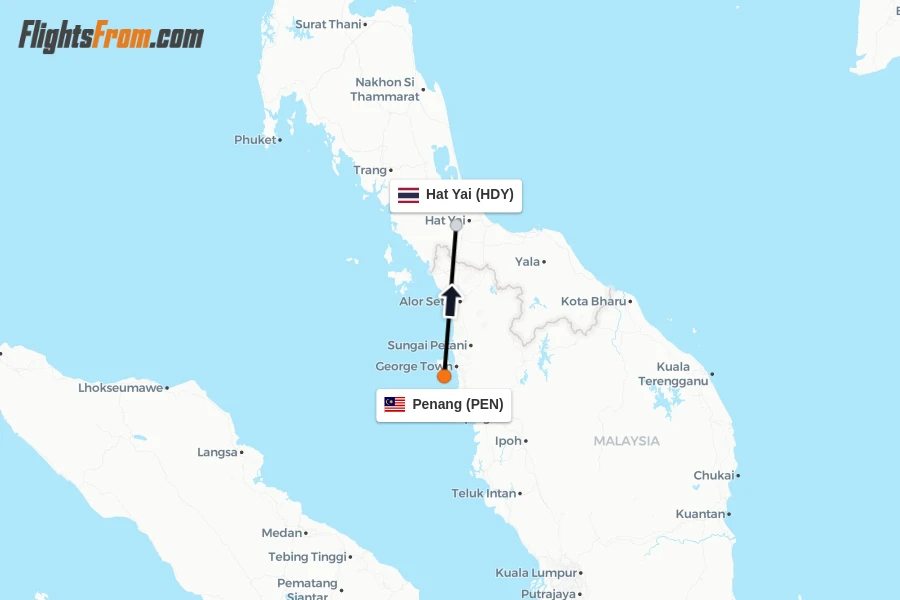 Flights from Penang to Hat Yai route map