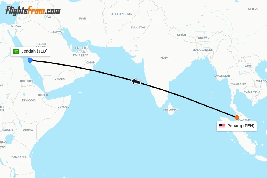 Flights from Penang to Jeddah route map