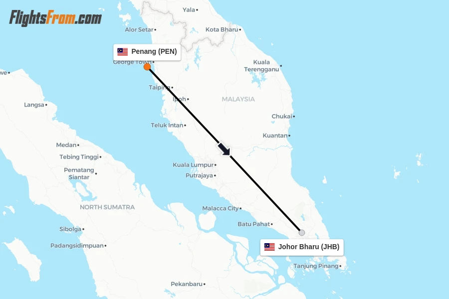 Flights from Penang to Johor Bharu route map