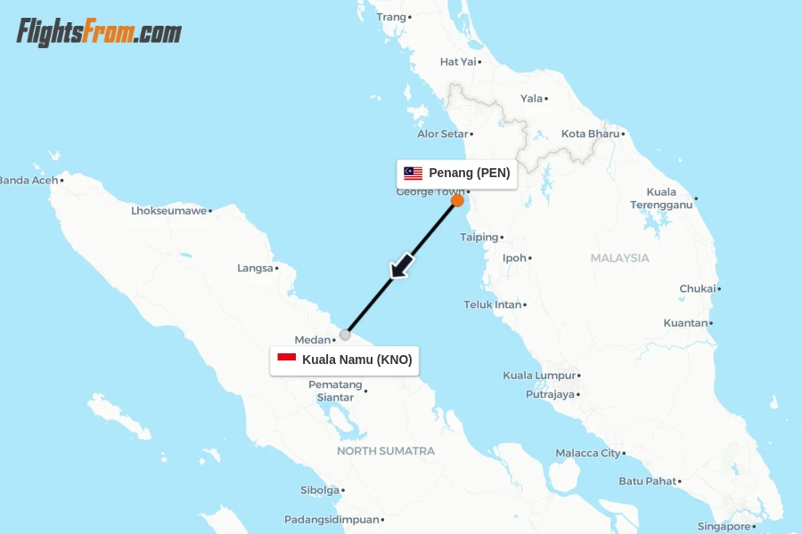 Flights from Penang to Kuala Namu route map
