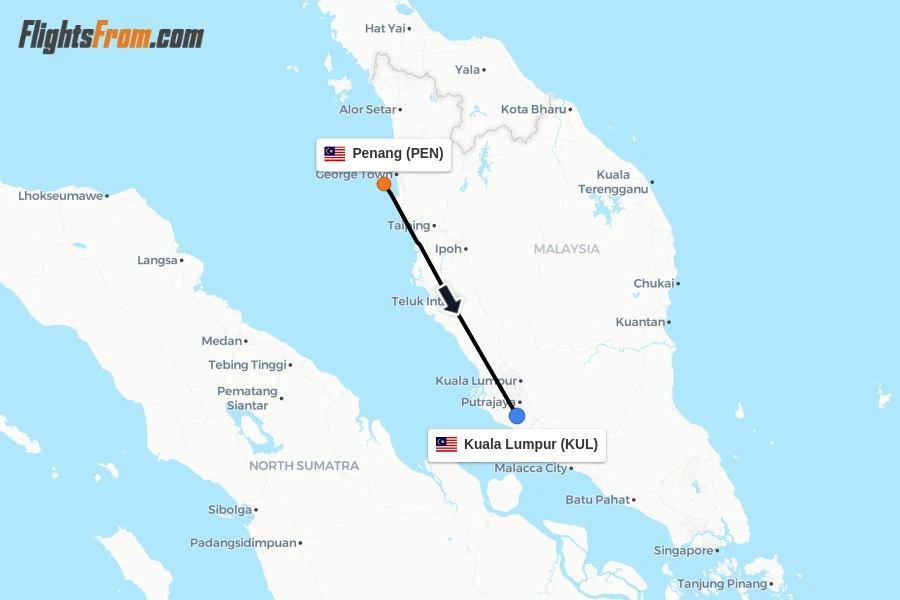 Flights from Penang to Kuala Lumpur route map