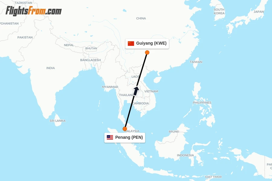 Flights from Penang to Guiyang route map
