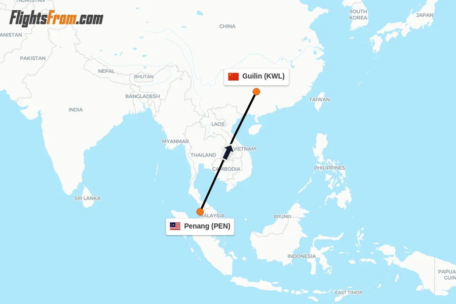 Flights from Penang to Guilin route map