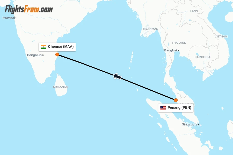 Flights from Penang to Chennai route map