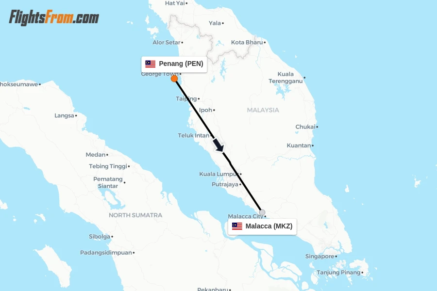 Flights from Penang to Malacca route map