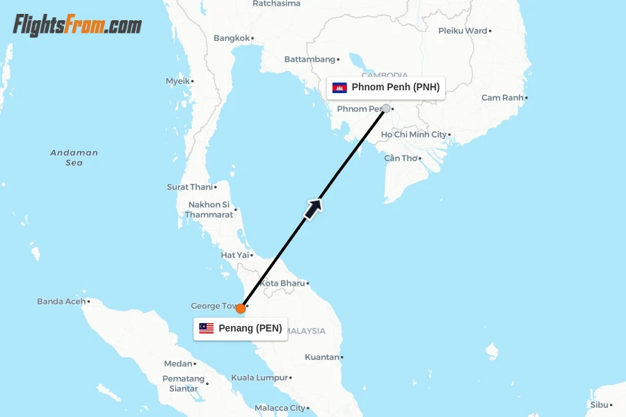 Flights from Penang to Phnom Penh route map