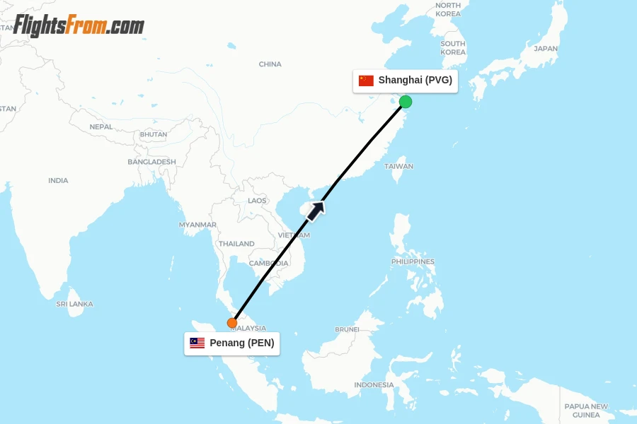 Flights from Penang to Shanghai route map