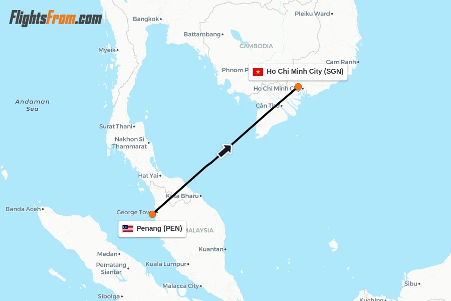 Flights from Penang to Ho Chi Minh City route map